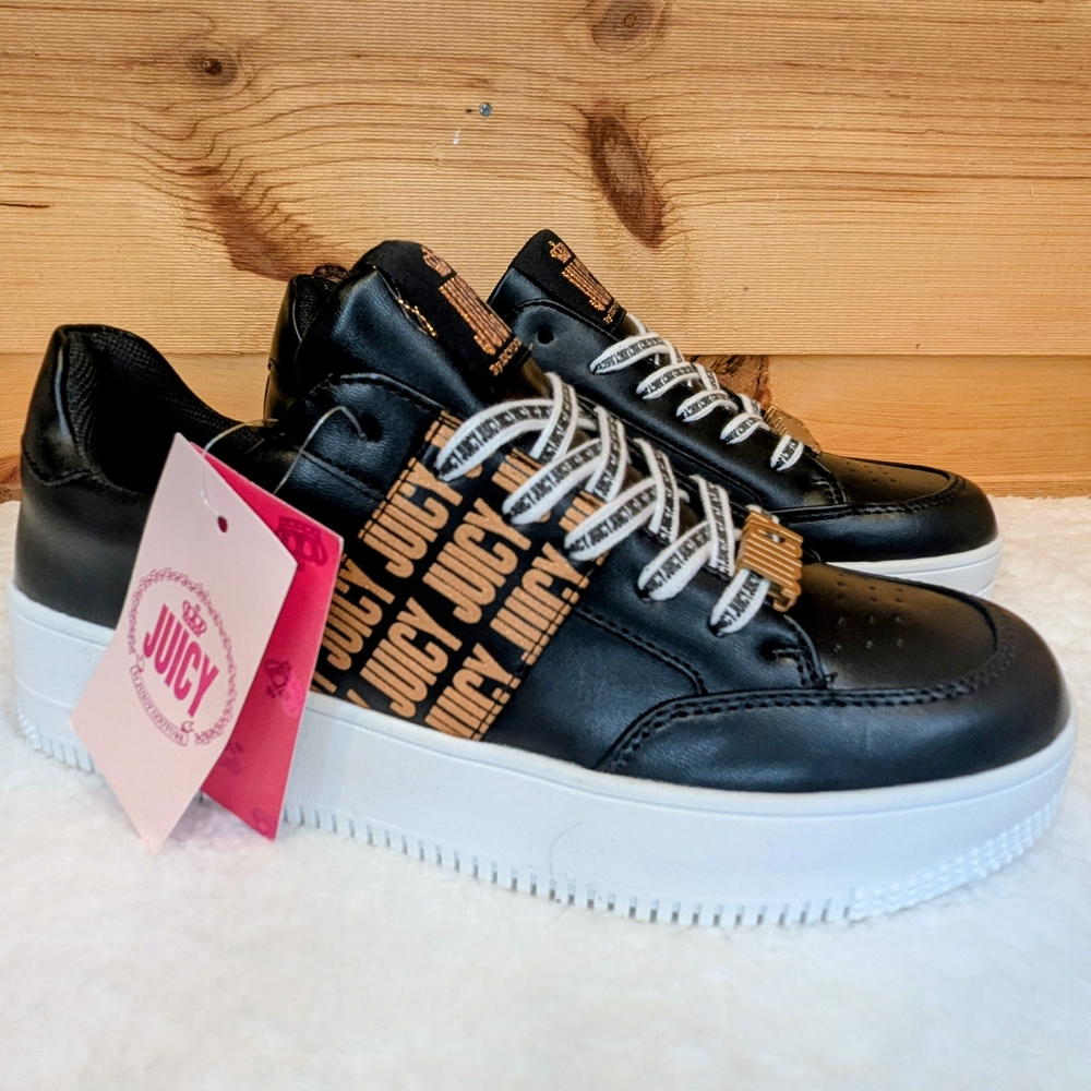 Juicy Couture Danika Women's Black Leather Sneakers with Rose Gold Bling